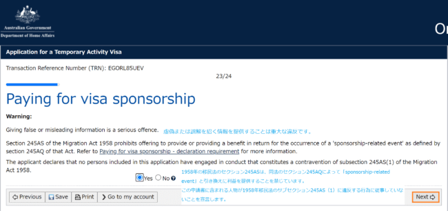 paying for visa sponsorship入力画面